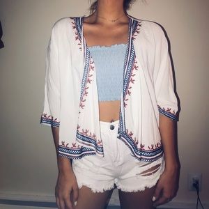 White Quarter Sleeve Shaw- Red/Blue embroidery!